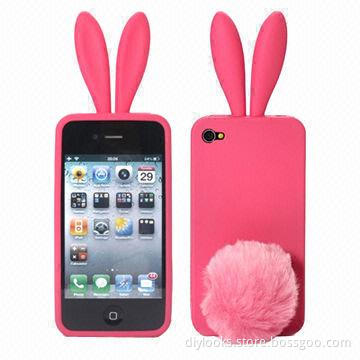 2-in-1 Rabbit Ears TPU Cases + Holders for iPhone 4 and 4S, (Red), OEM Orders Welcomed